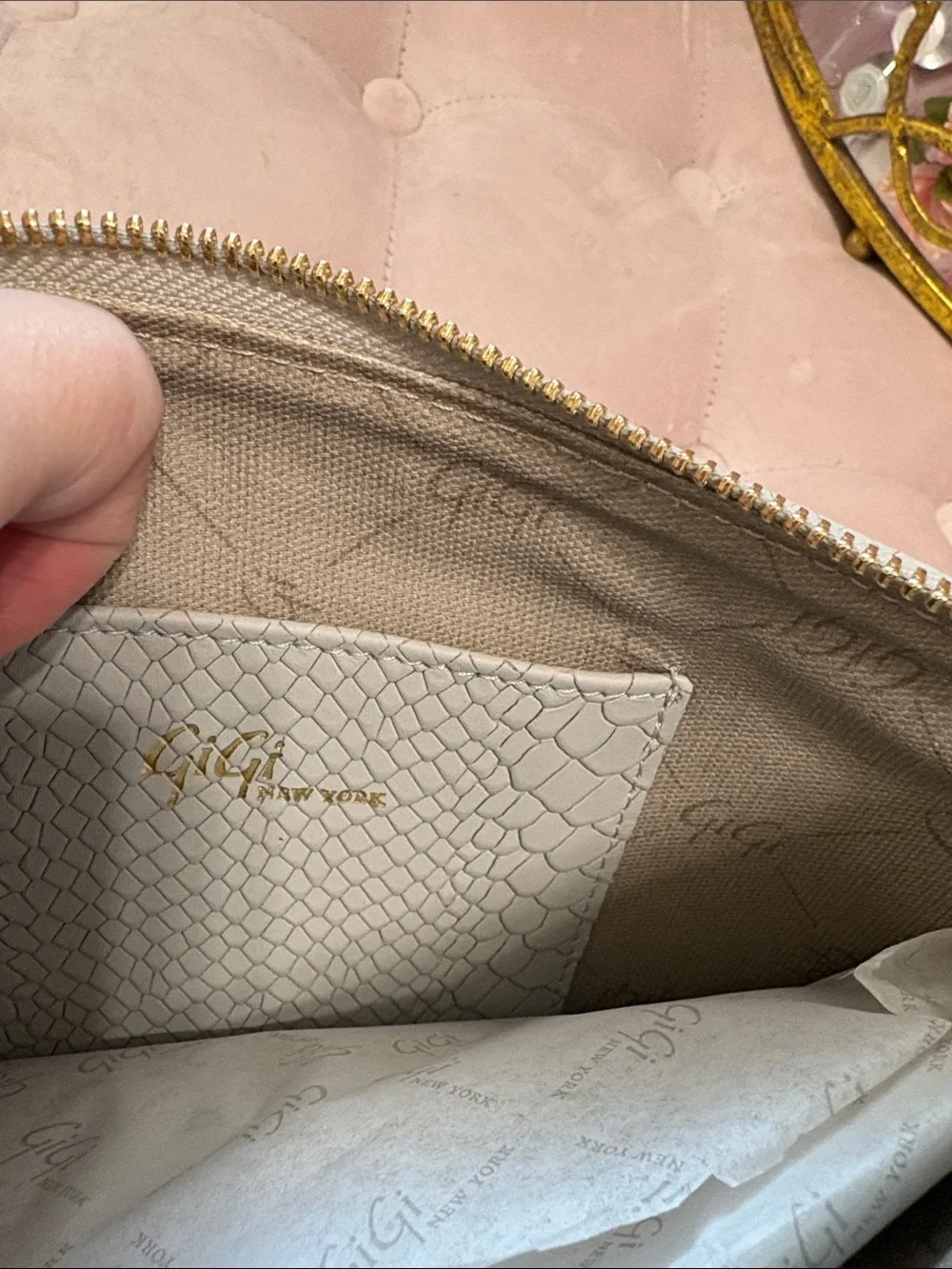 GiGi New York Light Grey Python-Embossed Leather Clutch with Tassel